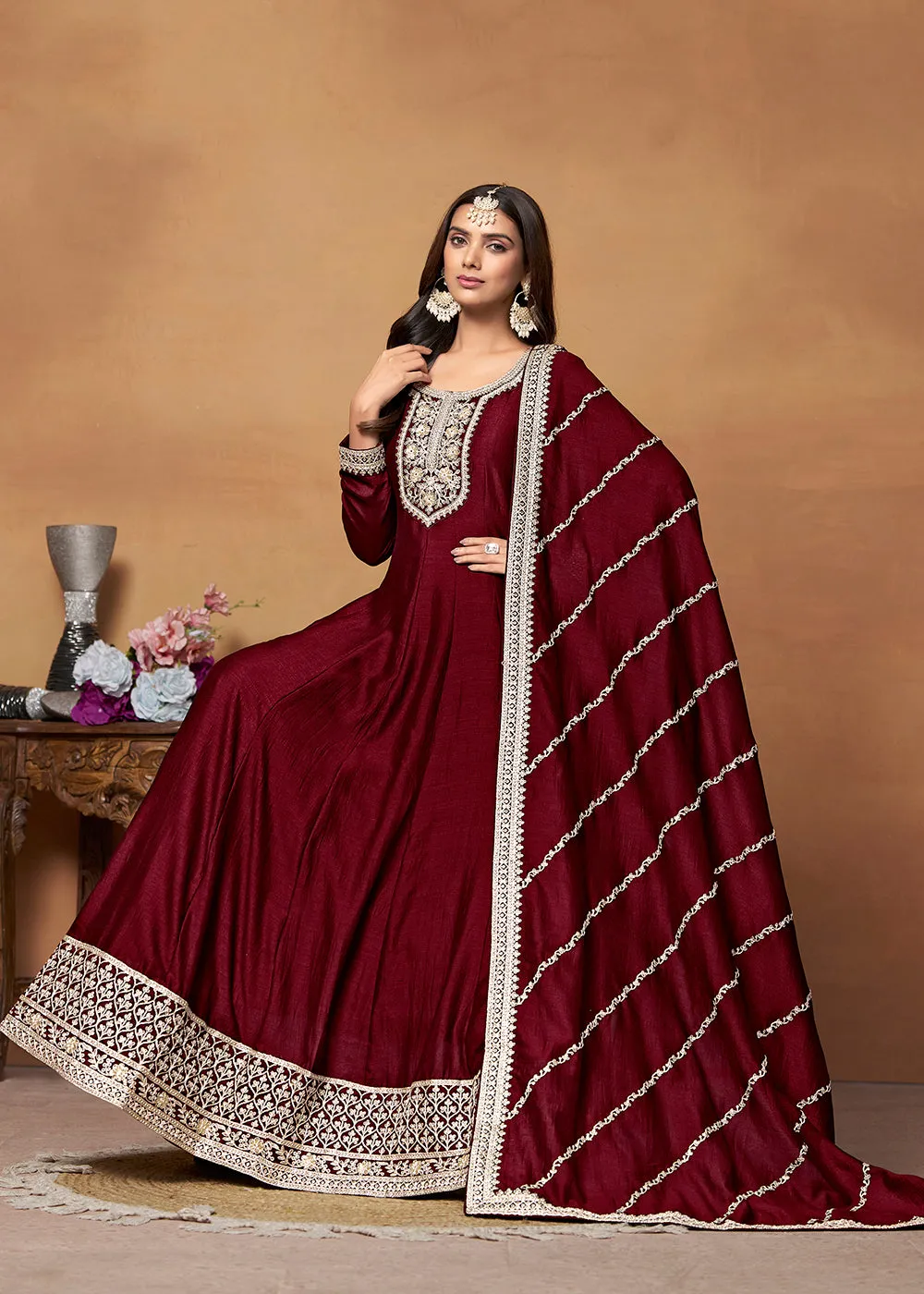 Amazing Art Silk Maroon Embroidered Festive Anarkali Suit