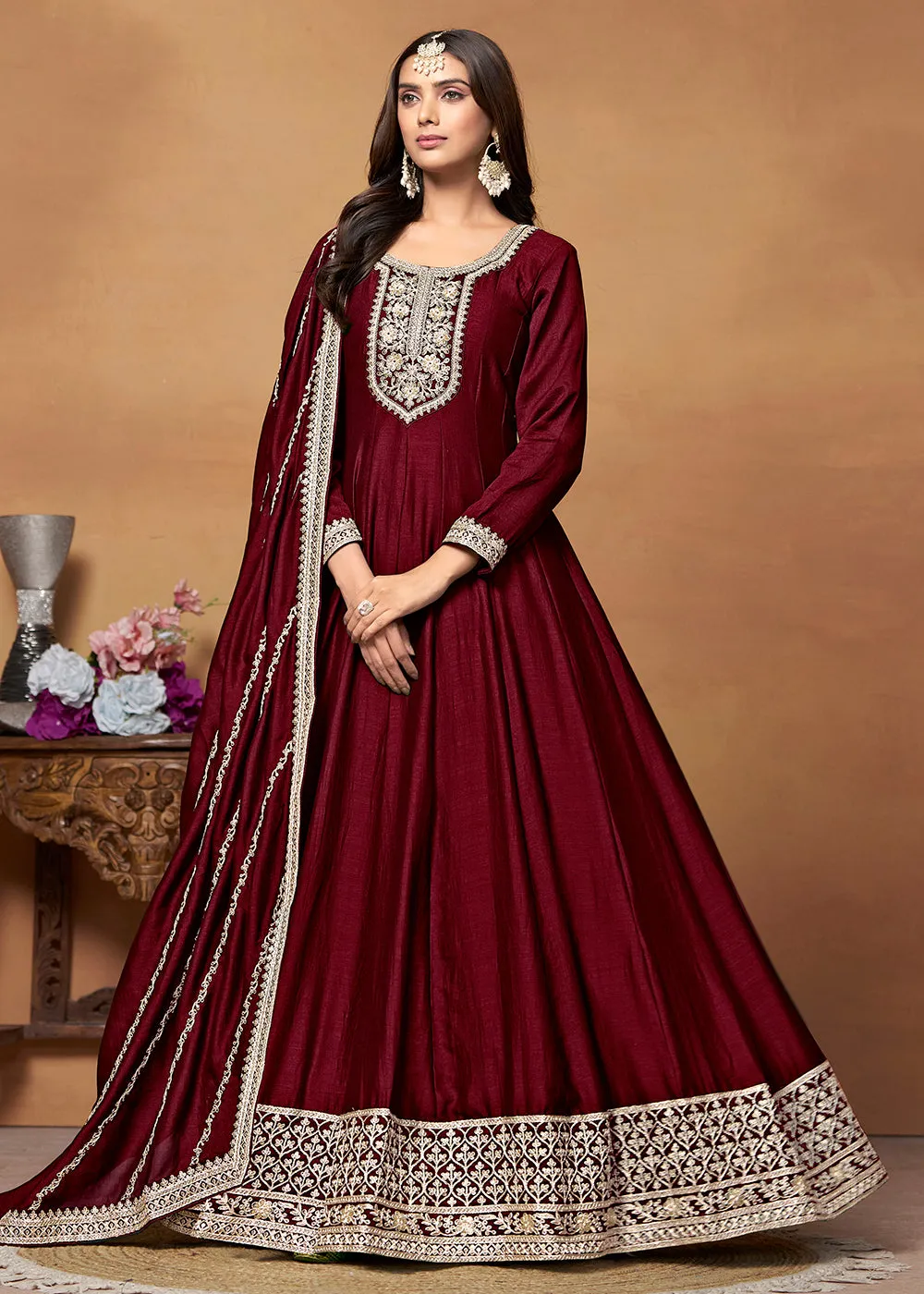 Amazing Art Silk Maroon Embroidered Festive Anarkali Suit