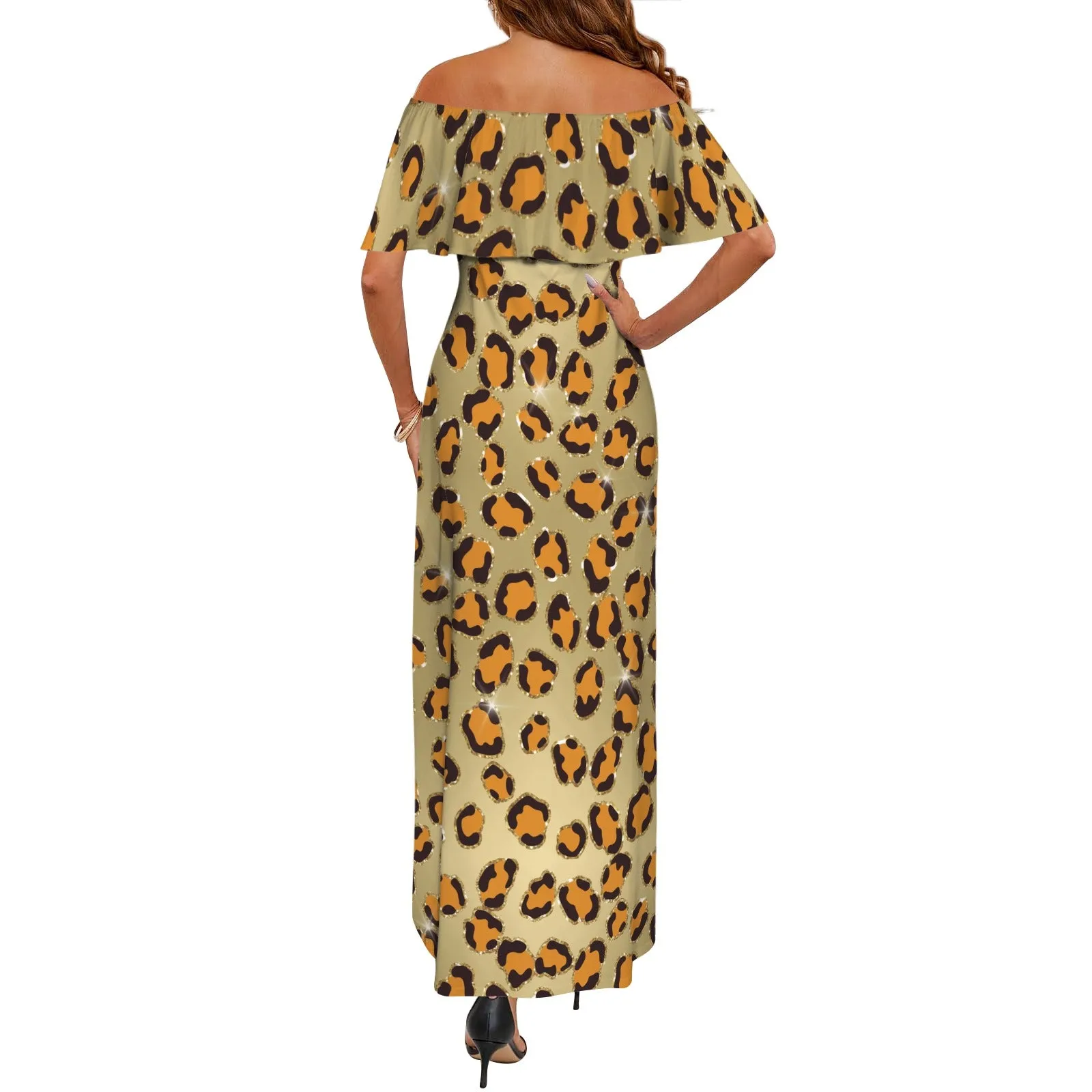 Animal Print 10 Women's Off Shoulder Ruffle Boat Neck Dress (Model D71)