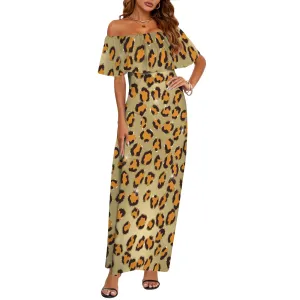 Animal Print 10 Women's Off Shoulder Ruffle Boat Neck Dress (Model D71)