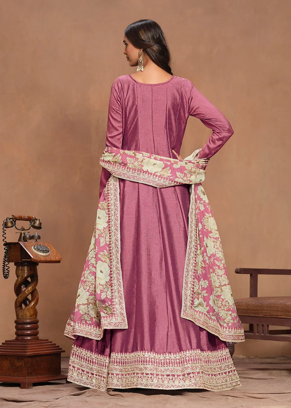 Art Silk Pink Embroidered Wedding Anarkali Gown