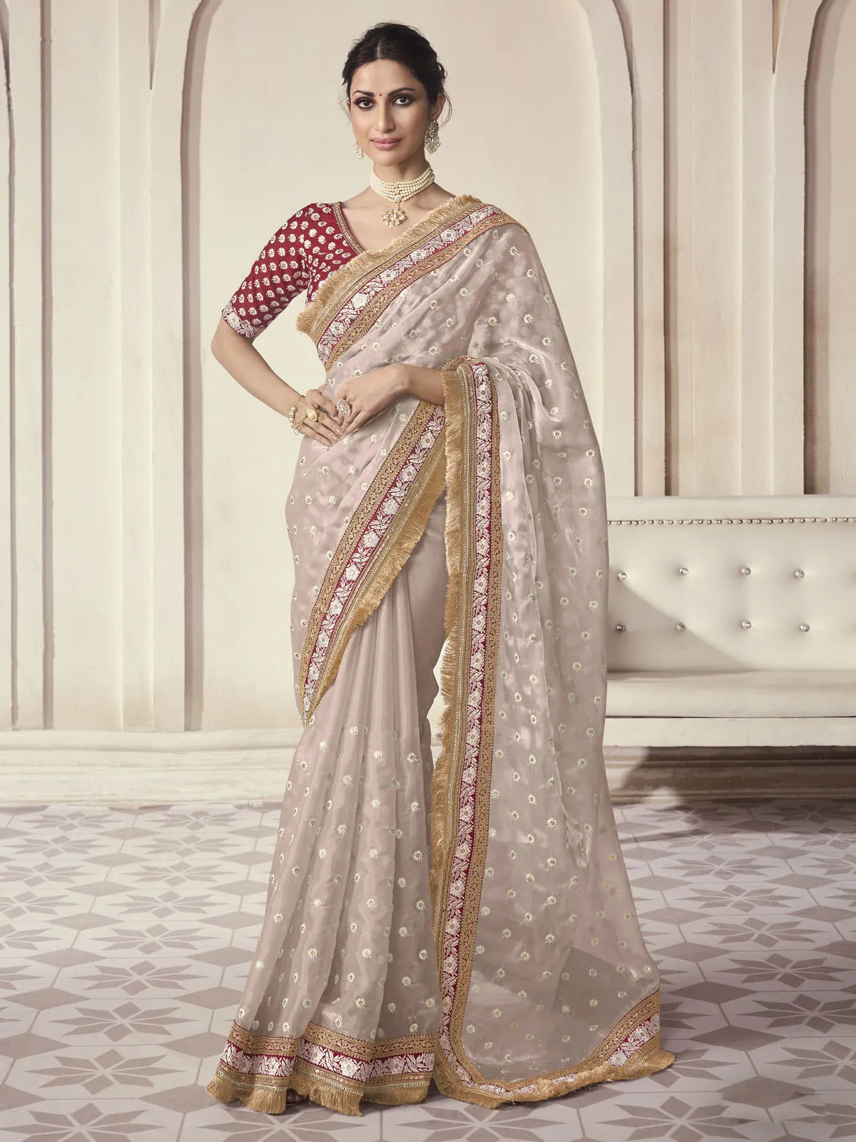 Beige Color Organza Embroidered Classic Saree