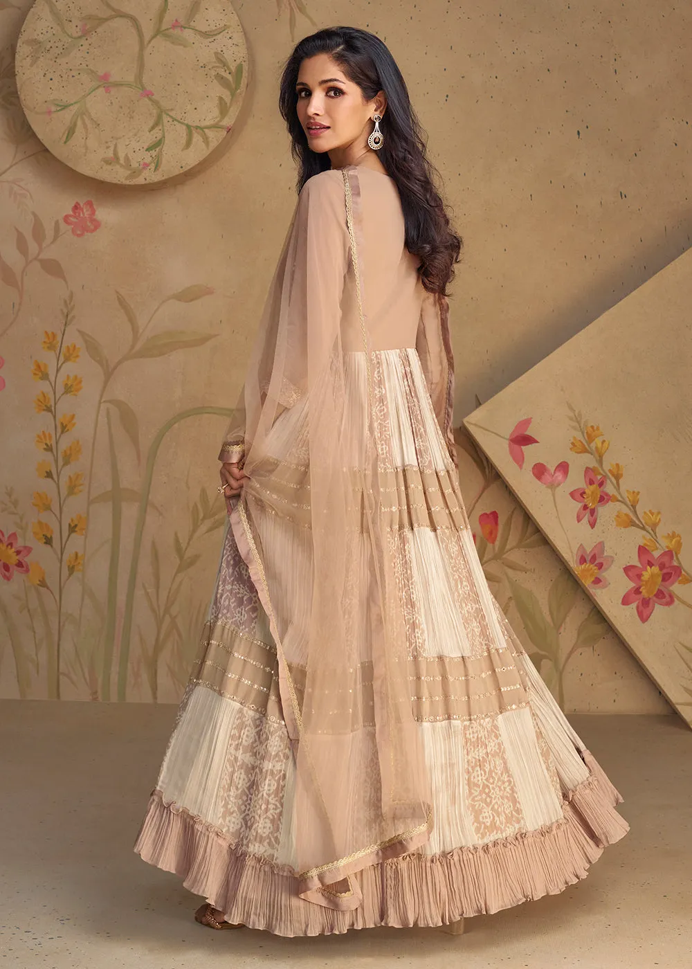 Beige Sequins & Thread Wedding Festive Anarkali Dress