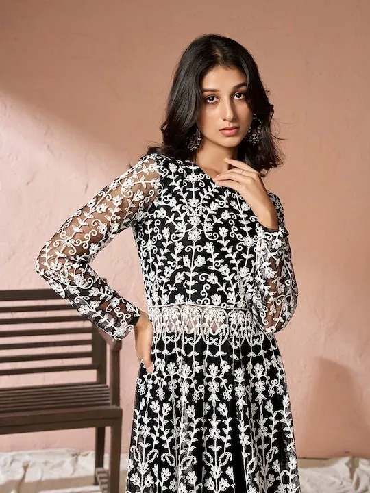 Black Floral Embroidered Net Keyhole Neck High Slit A-Line Kurta & Trousers