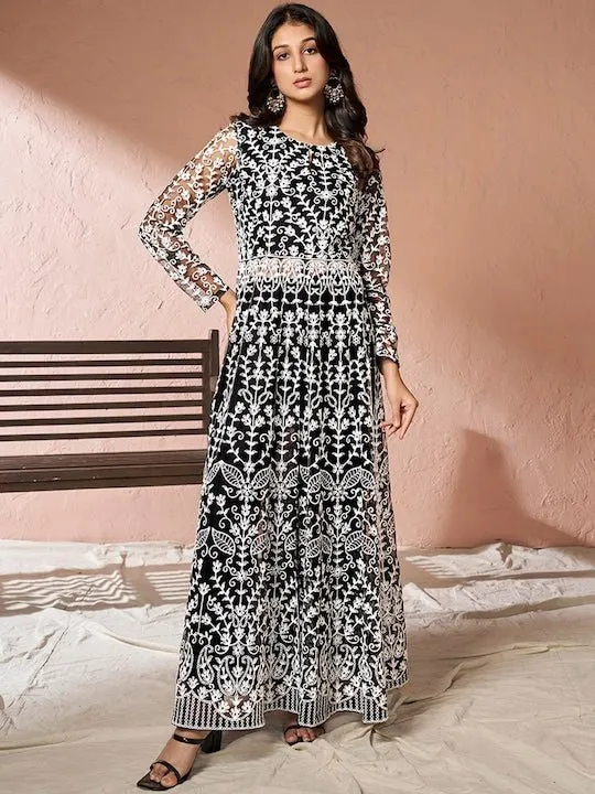 Black Floral Embroidered Net Keyhole Neck High Slit A-Line Kurta & Trousers