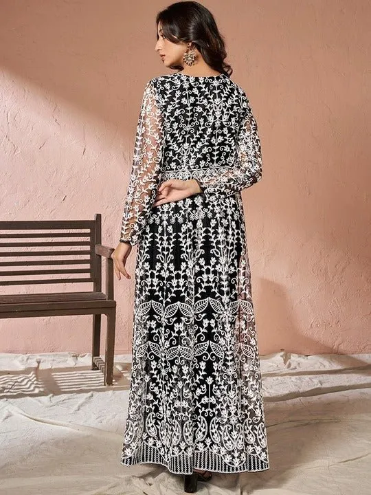 Black Floral Embroidered Net Keyhole Neck High Slit A-Line Kurta & Trousers