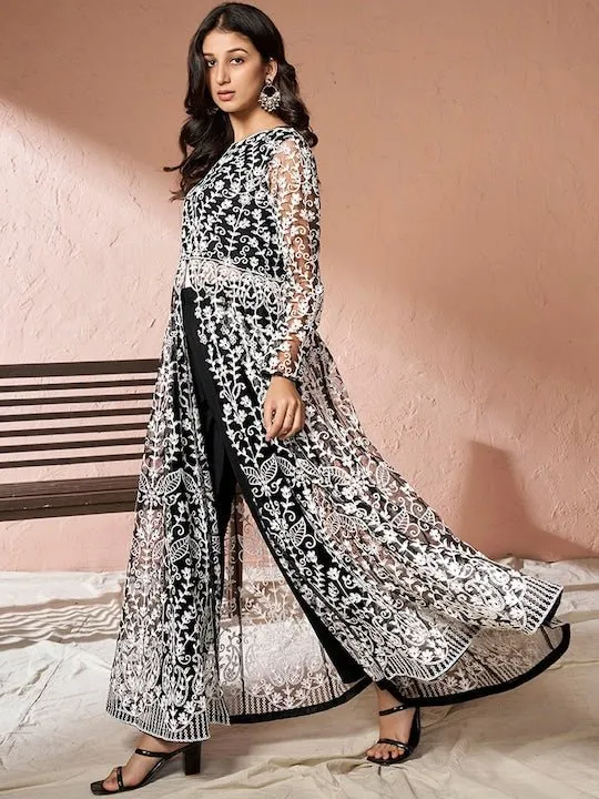 Black Floral Embroidered Net Keyhole Neck High Slit A-Line Kurta & Trousers