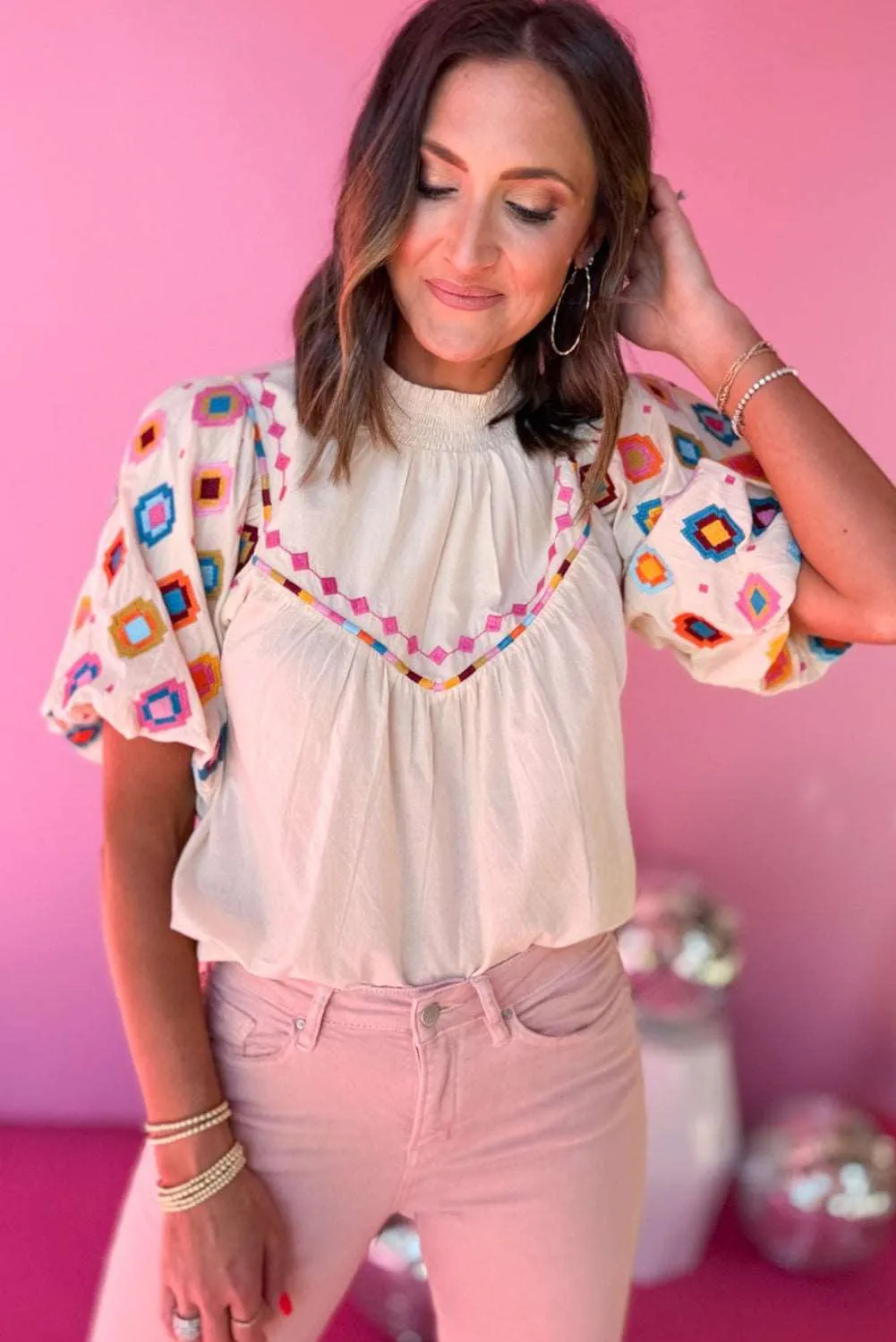 Black Geometric Embroidered Smocked Neck Puff Sleeve Top