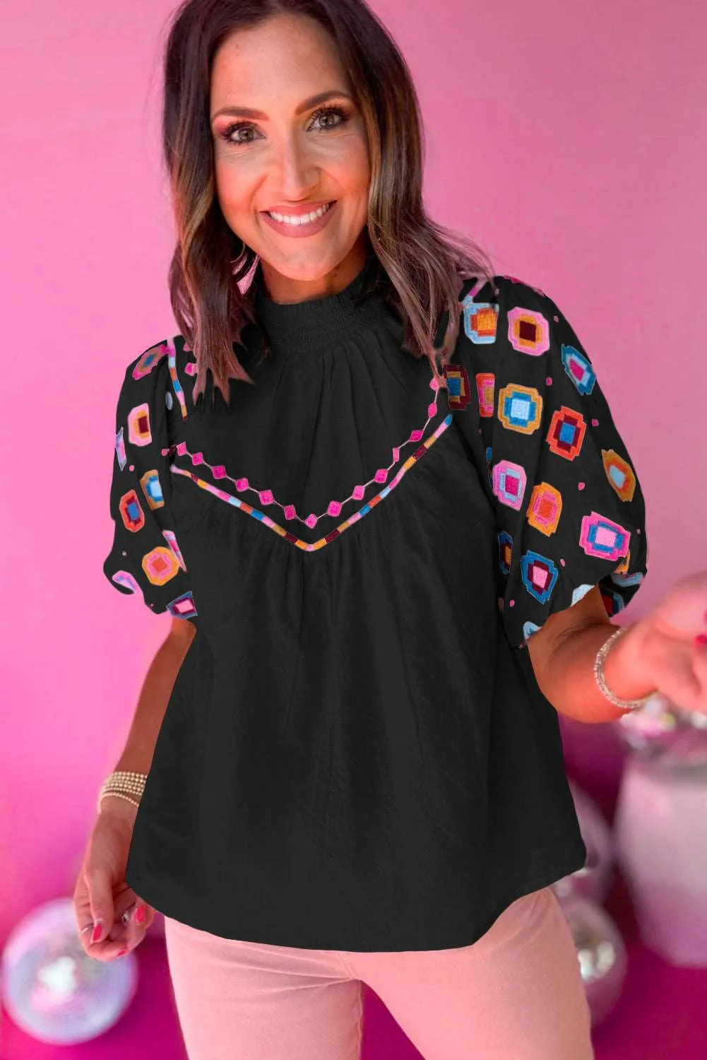 Black Geometric Embroidered Smocked Neck Puff Sleeve Top