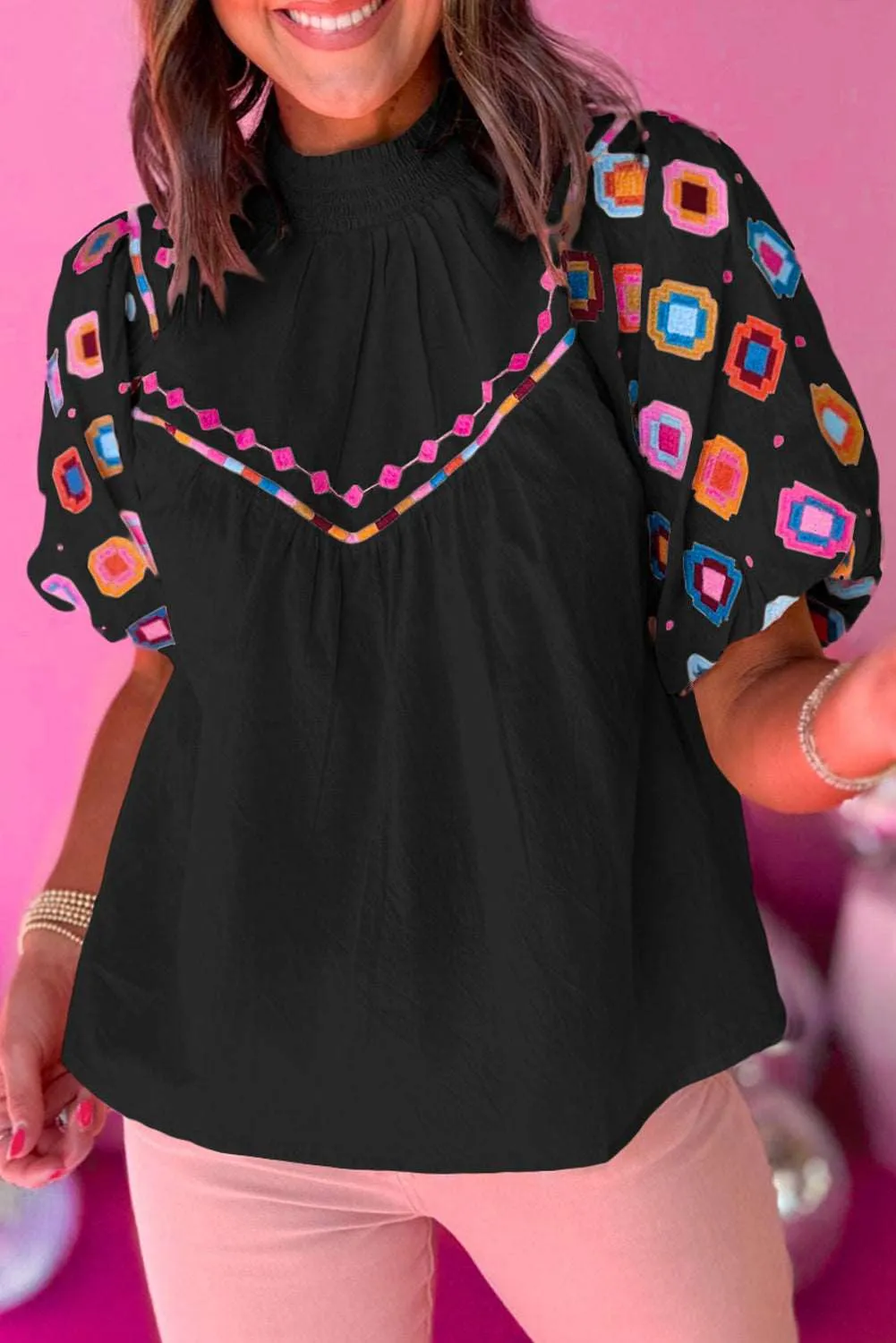 Black Geometric Embroidered Smocked Neck Puff Sleeve Top