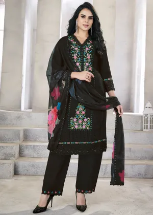 Black Roman Silk Embroidered Festive Salwar Kurta Suit