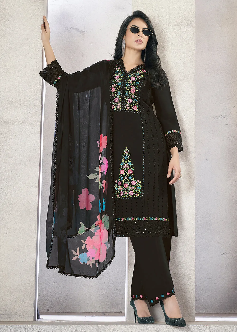 Black Roman Silk Embroidered Festive Salwar Kurta Suit