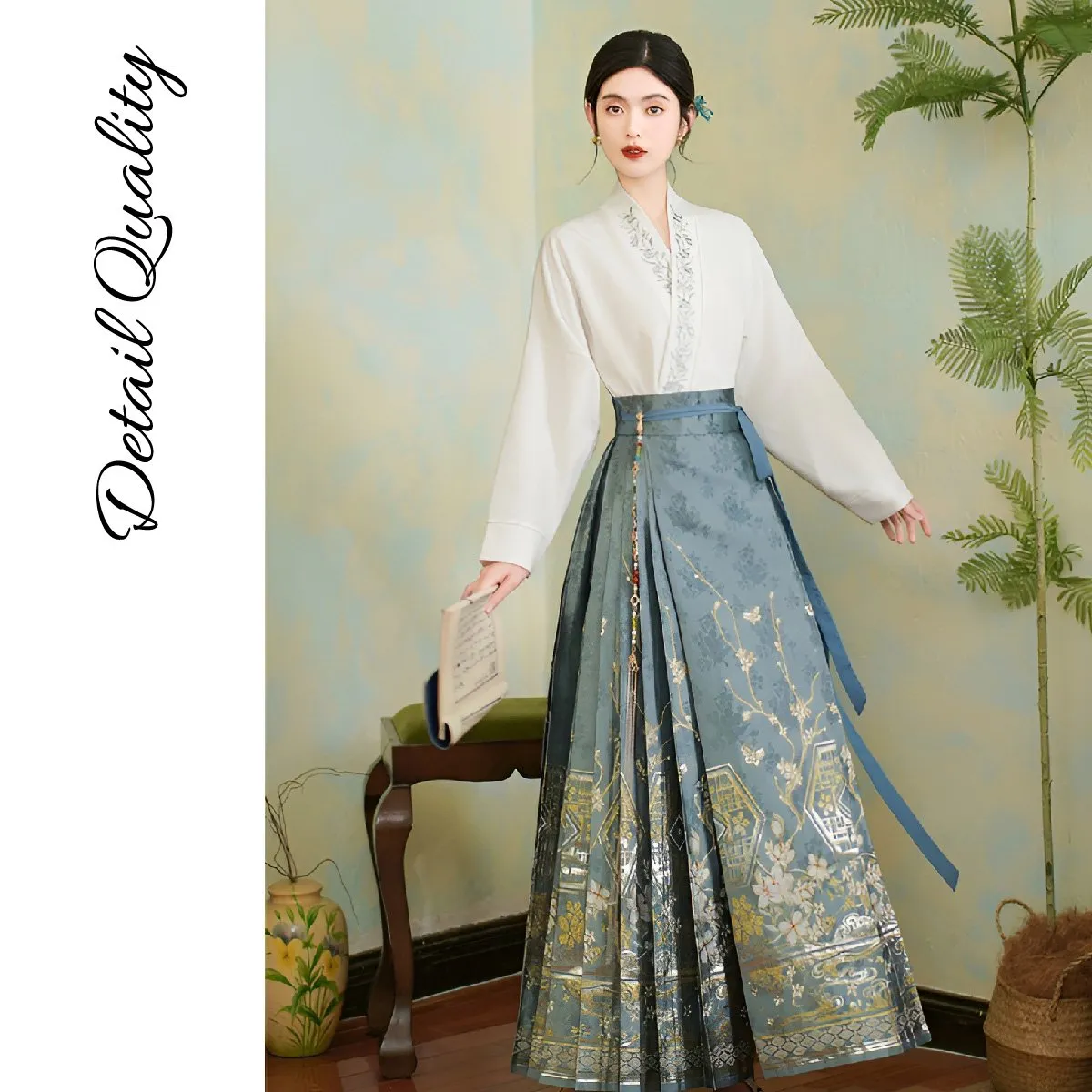 Blue Chinese Style Set with Embroidered Horseface Skirt