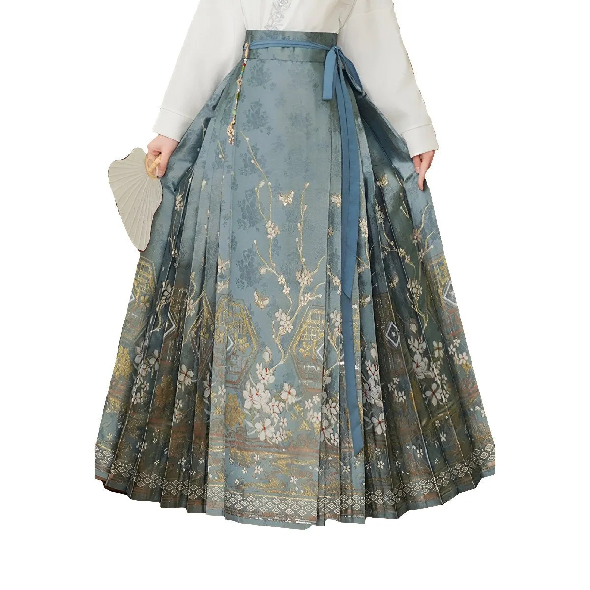 Blue Chinese Style Set with Embroidered Horseface Skirt