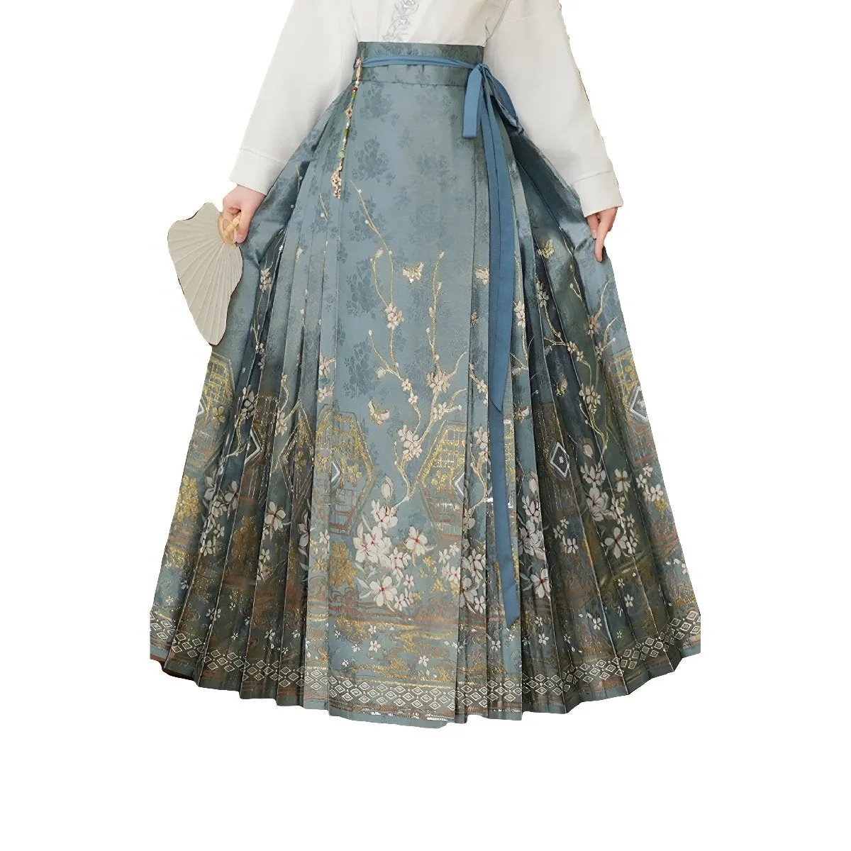 Blue Chinese Style Set with Embroidered Horseface Skirt