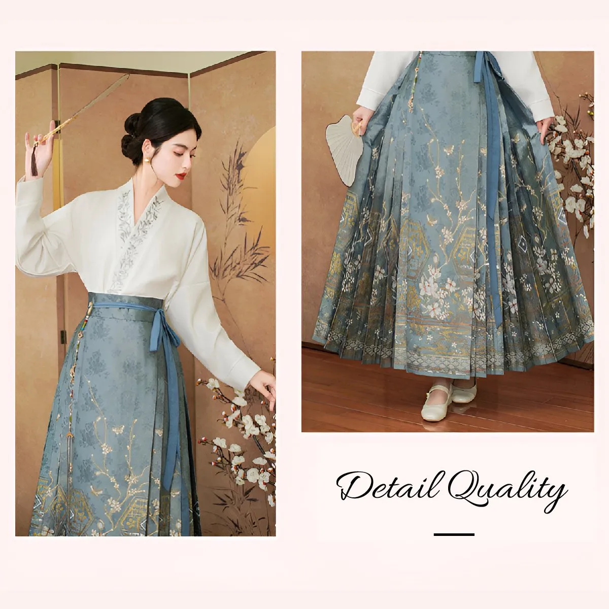 Blue Chinese Style Set with Embroidered Horseface Skirt