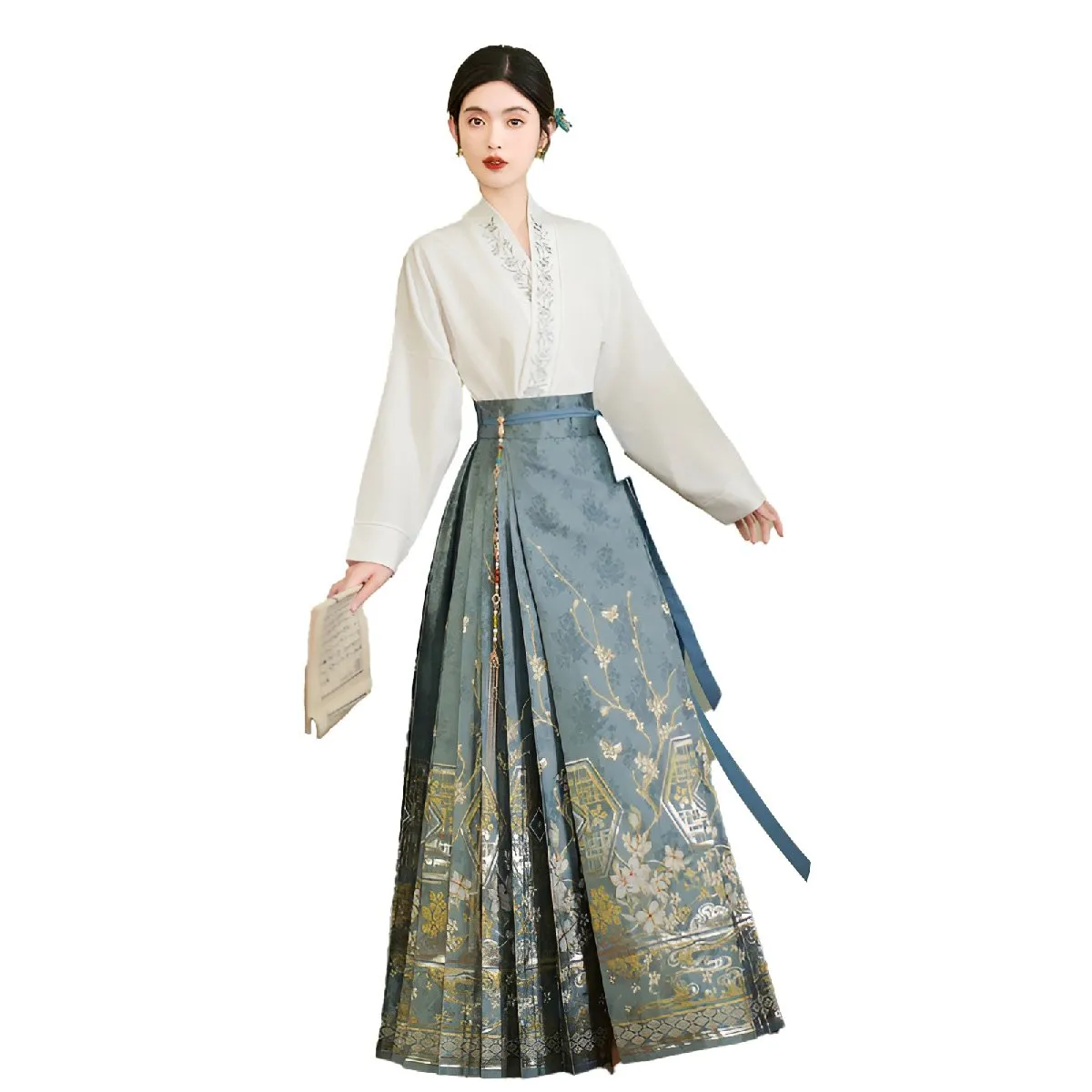 Blue Chinese Style Set with Embroidered Horseface Skirt