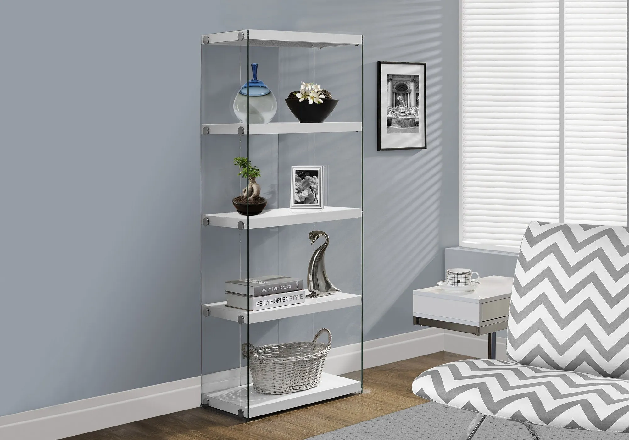 Bookcase - 60"H / Glossy White With Tempered Glass