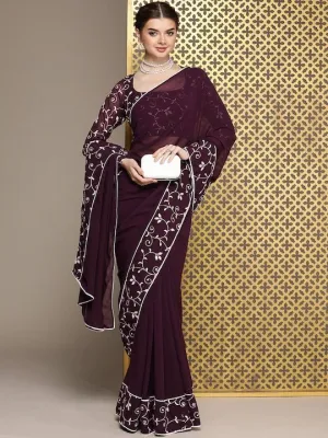 Burgundy Embroidered Saree