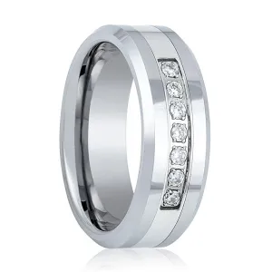 CETUS | Silver Tungsten Ring, 7 White CZ Diamonds, Beveled