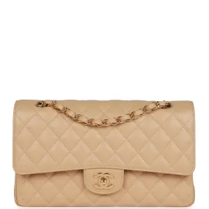 Chanel Medium Classic Double Flap Bag Beige Caviar Gold Hardware