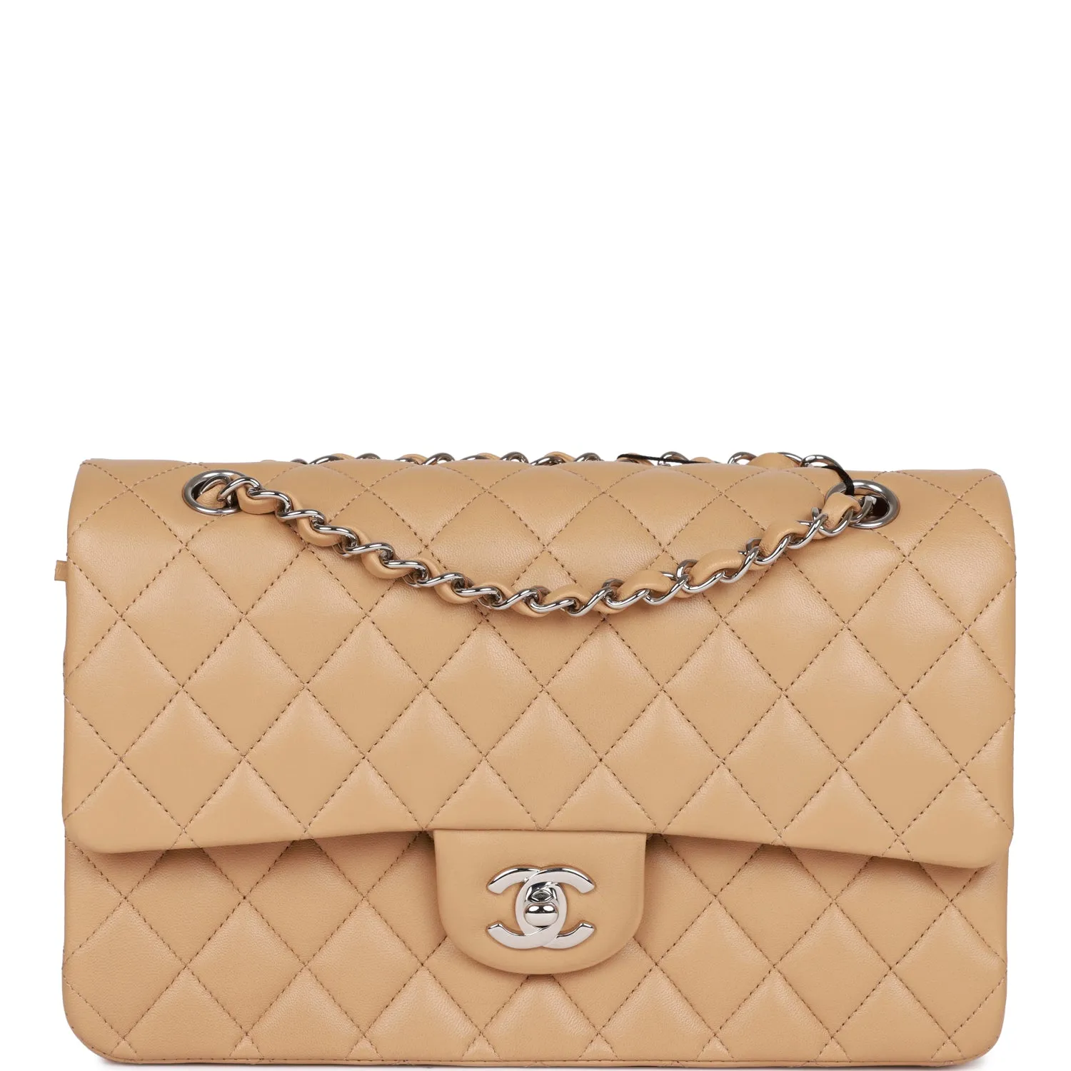 Chanel Medium Classic Double Flap Bag Beige Lambskin Silver Hardware