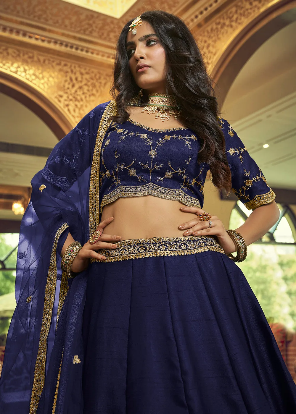 Charming Navy Blue Lino Silk Ruffle Party Wear Lehenga Choli