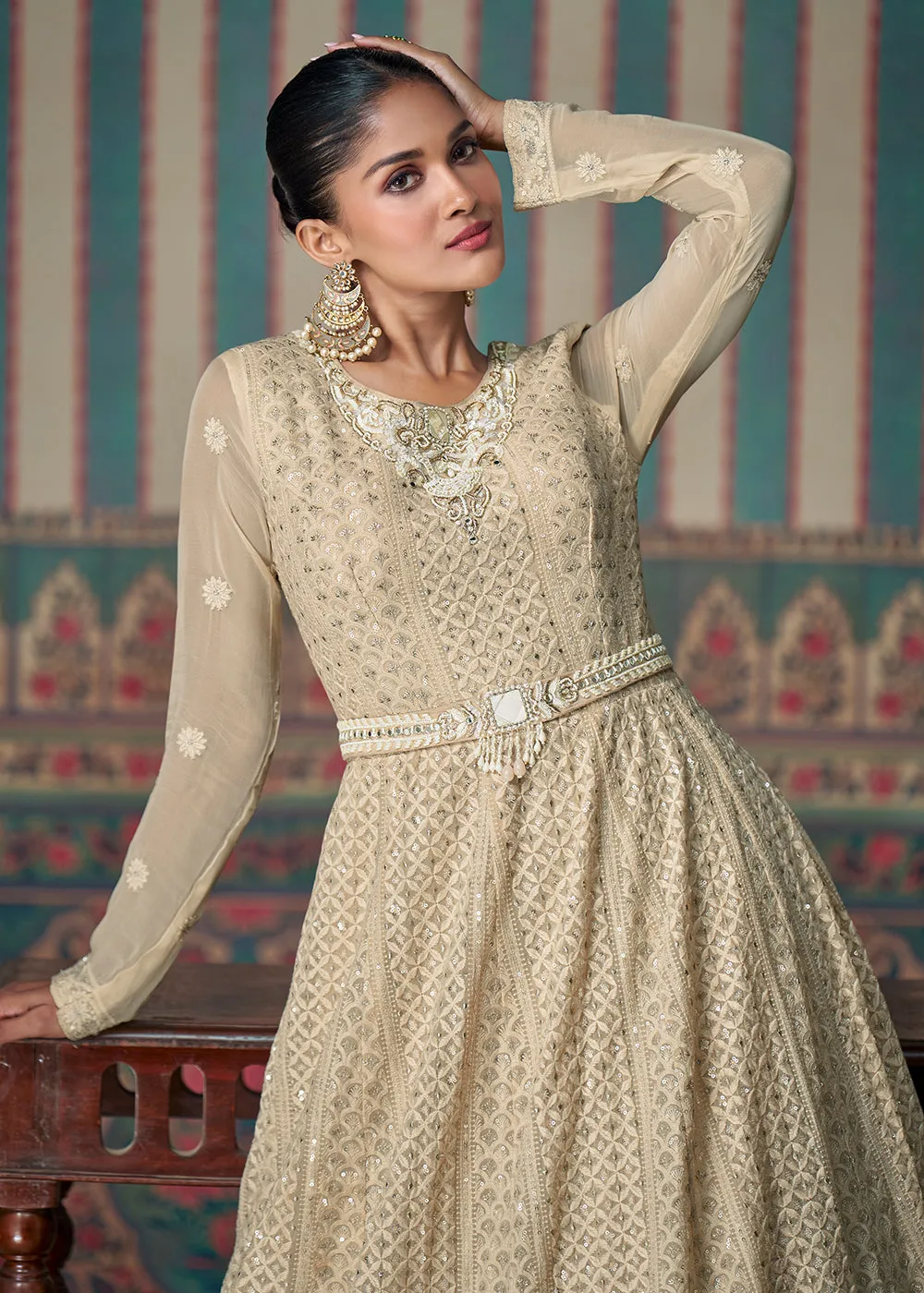 Chikankari Embroidered Beige Georgette Wedding Anarkali Suit