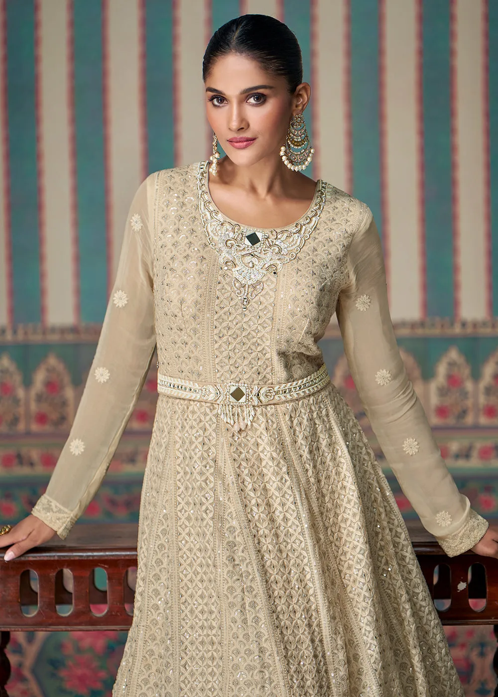 Chikankari Embroidered Beige Georgette Wedding Anarkali Suit