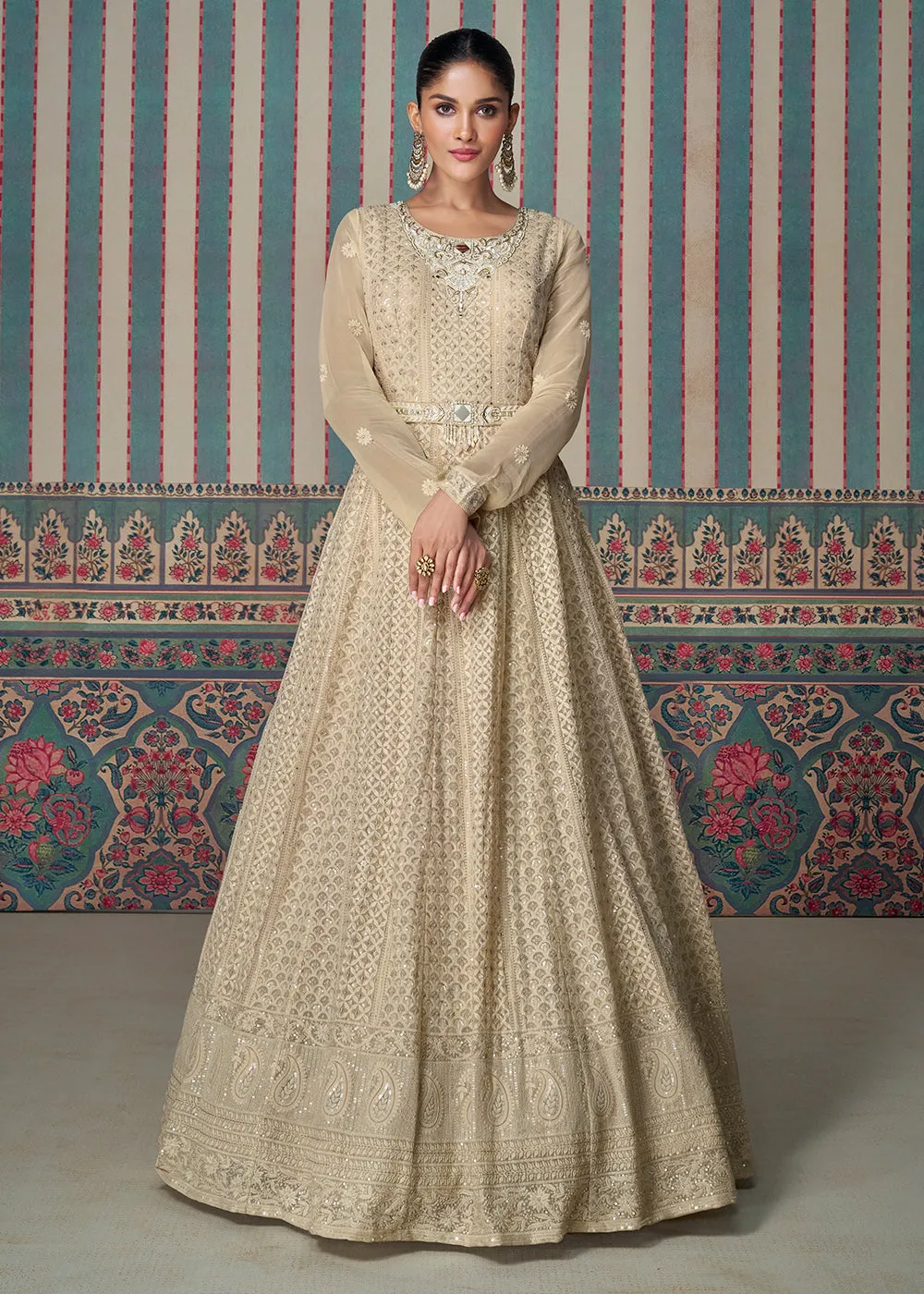 Chikankari Embroidered Beige Georgette Wedding Anarkali Suit