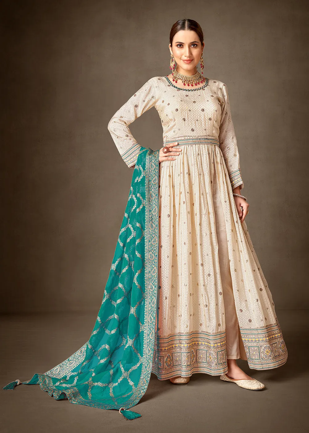 Cream & Teal Pure Silk Jacquard Slit Style Anarkali Dress