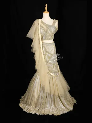 Dark Beige Lehenga Adorned with Floral Embroidery and Sequins Designs, with Ruffle Dupatta