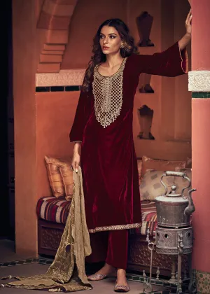 Deep Maroon Velvet Embroidered Pant Salwar Suit