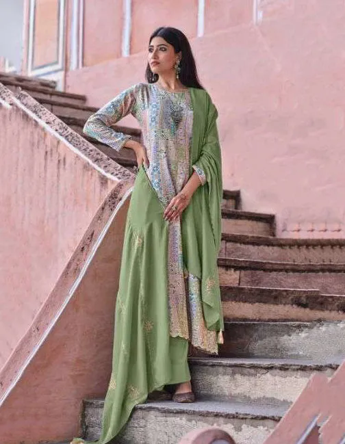 Designer Green Printed Unstitched Jam Cotton Salwar Suits Material