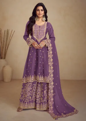 Designer Real Chinnon Purple Embroidered Palazzo Suit