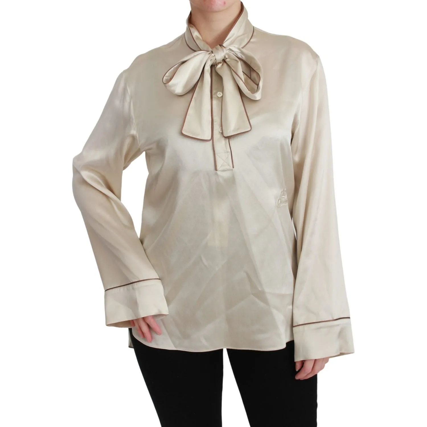 Dolce & Gabbana Elegant Beige Silk Satin Blouse with QUEEN Embroidery