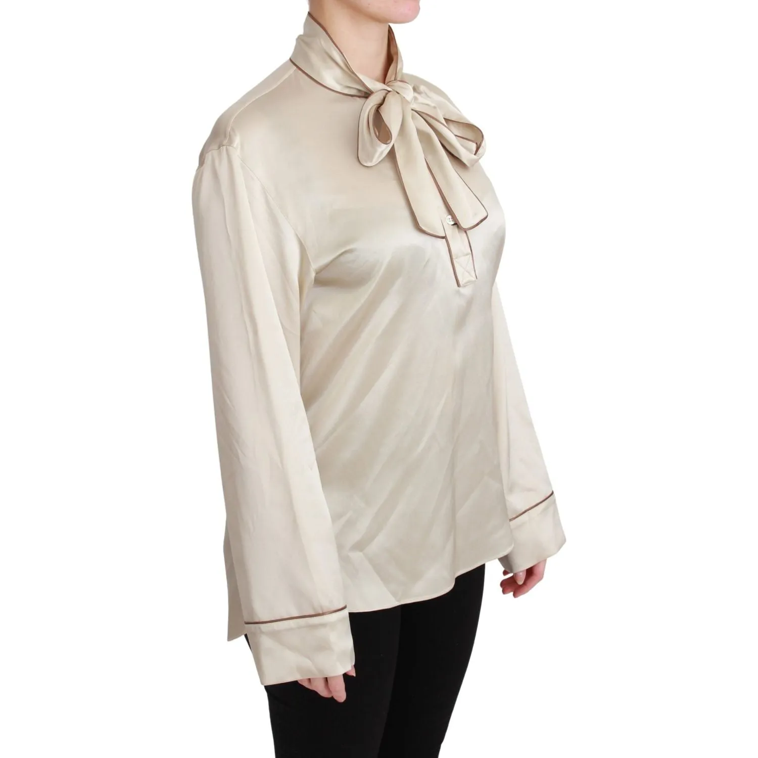 Dolce & Gabbana Elegant Beige Silk Satin Blouse with QUEEN Embroidery