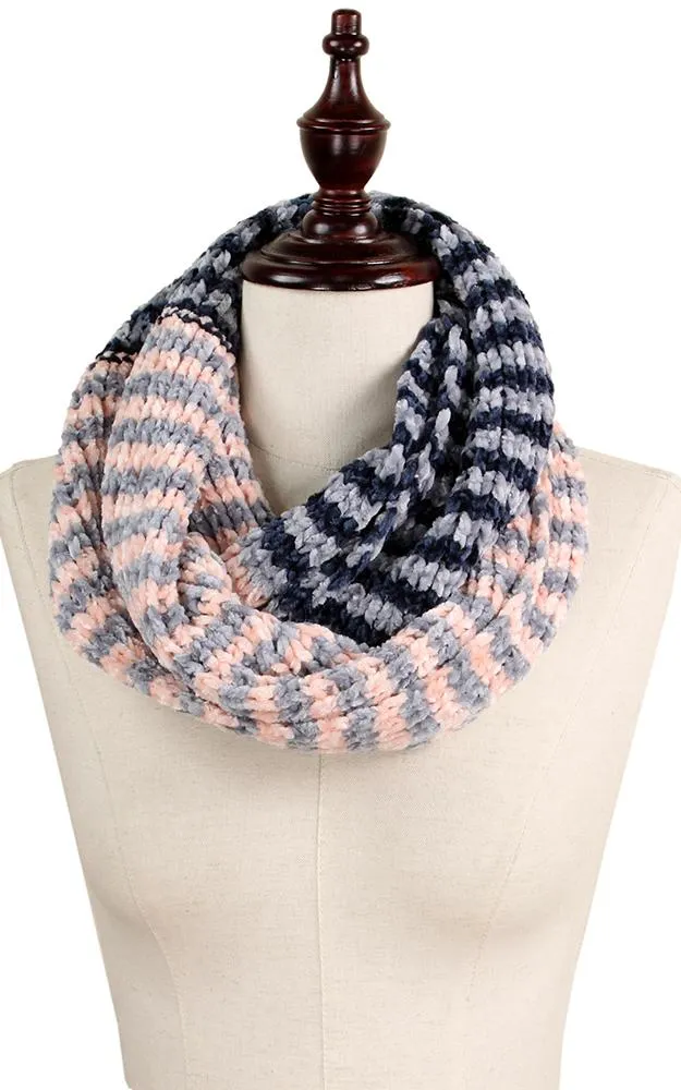 EAN9145 Three Tone Chenille Stripe Infinity Scarf