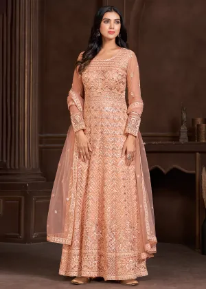 Elegant Peach Butterfly Net Designer Anarkali Suit