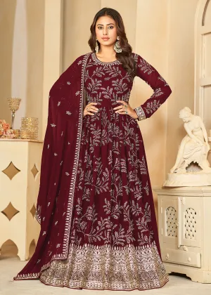 Embroidered Lovely Maroon Georgette Wedding Anarkali Suit