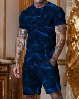 Fashion Black and Blue Printed Short Sleeve Round Collar Suit