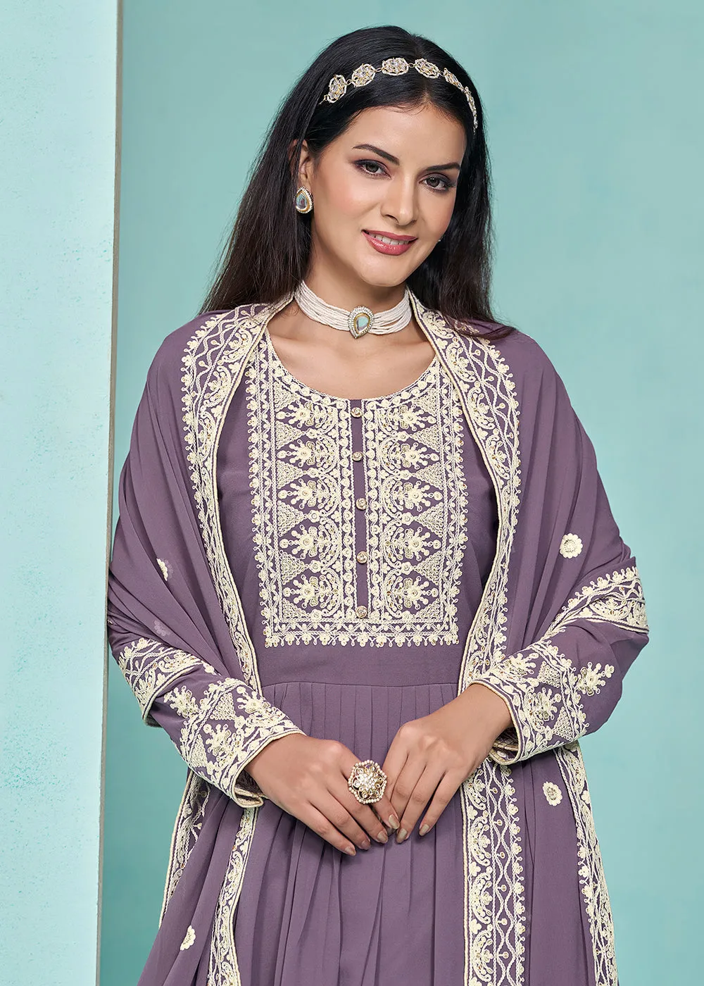 Festive Purple Faux Georgette Palazzo Style Suit