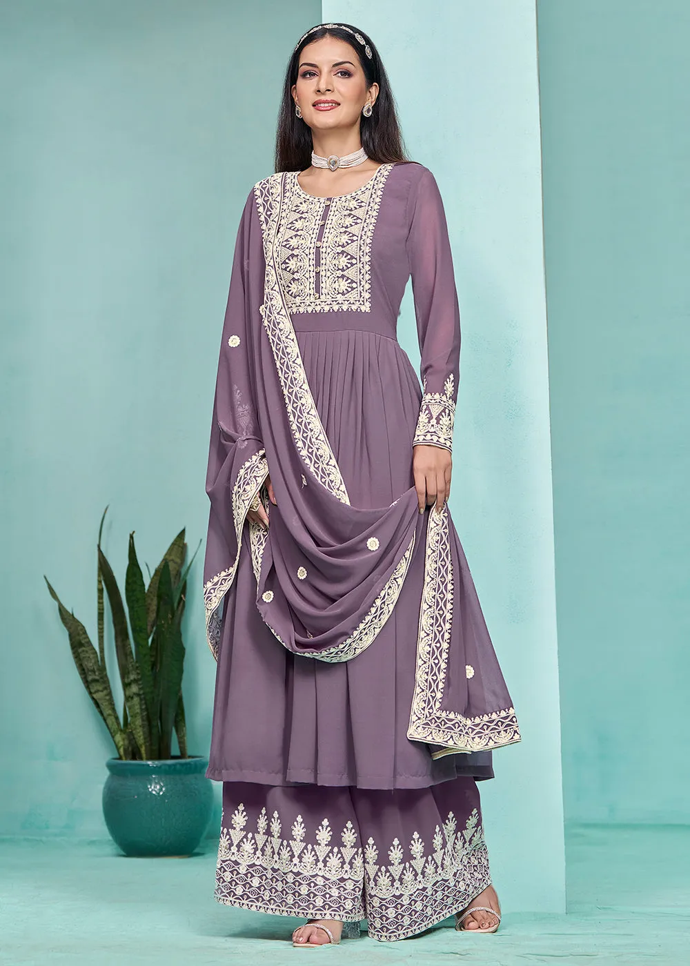 Festive Purple Faux Georgette Palazzo Style Suit