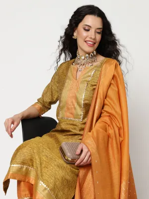 Festive Yoke Kurta With Straight Pant And Matching Dupatta Set