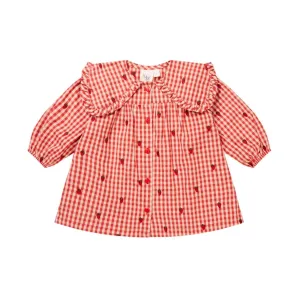 Floess Girls' Gingham Dress with Strawberry Embroidery