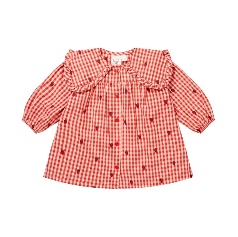 Floess Girls' Gingham Dress with Strawberry Embroidery