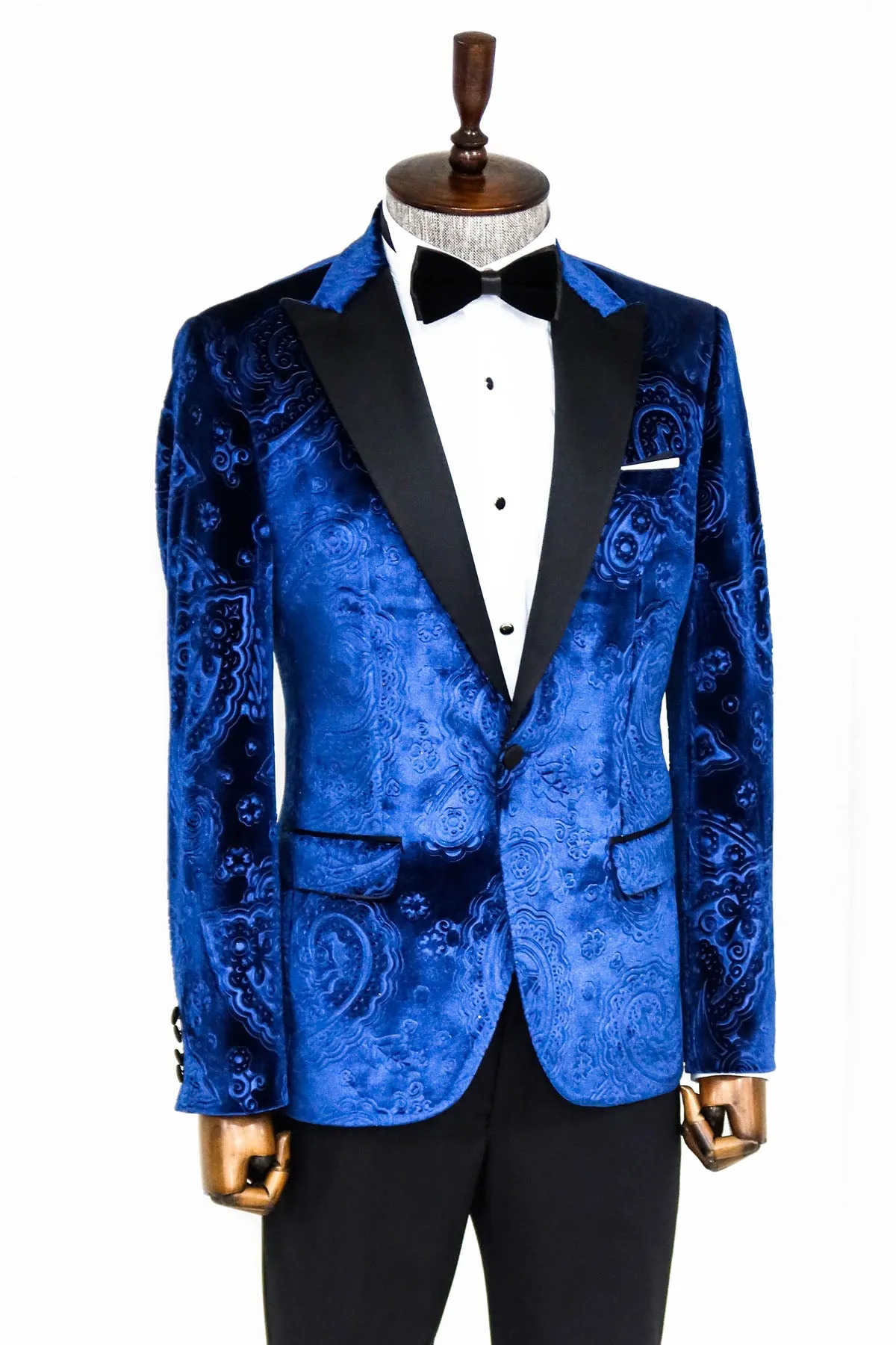 Floral Patterned Velvet Navy Blue Men Tuxedo Blazer - Wessi