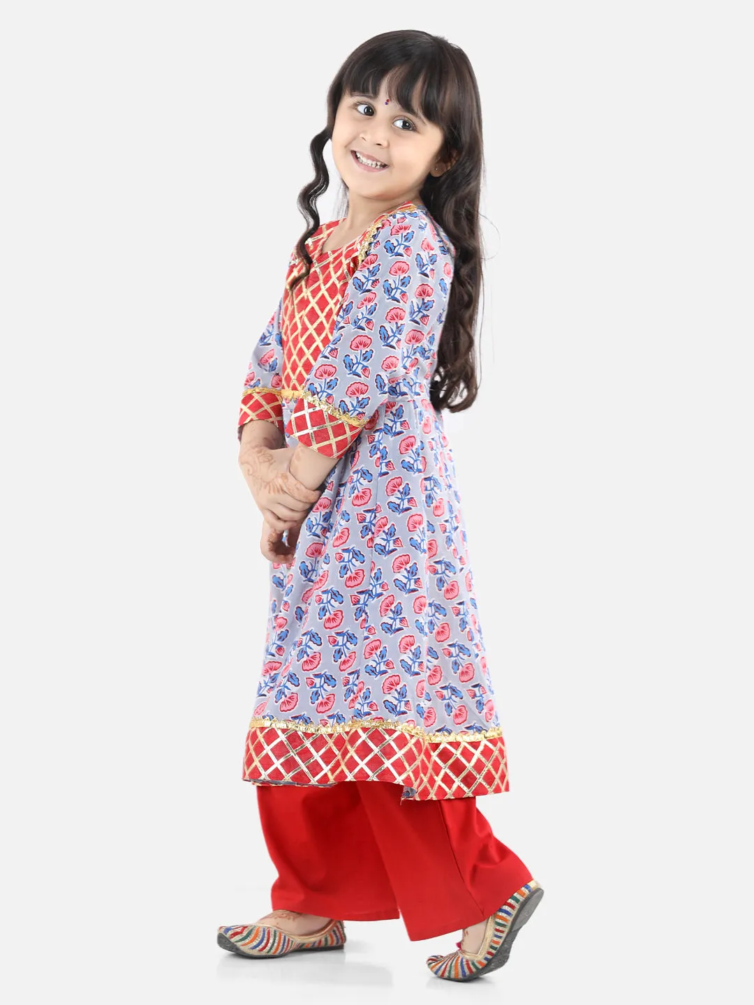 Girls  Block Print Cotton Anarkali Pant Set Suits - Gray