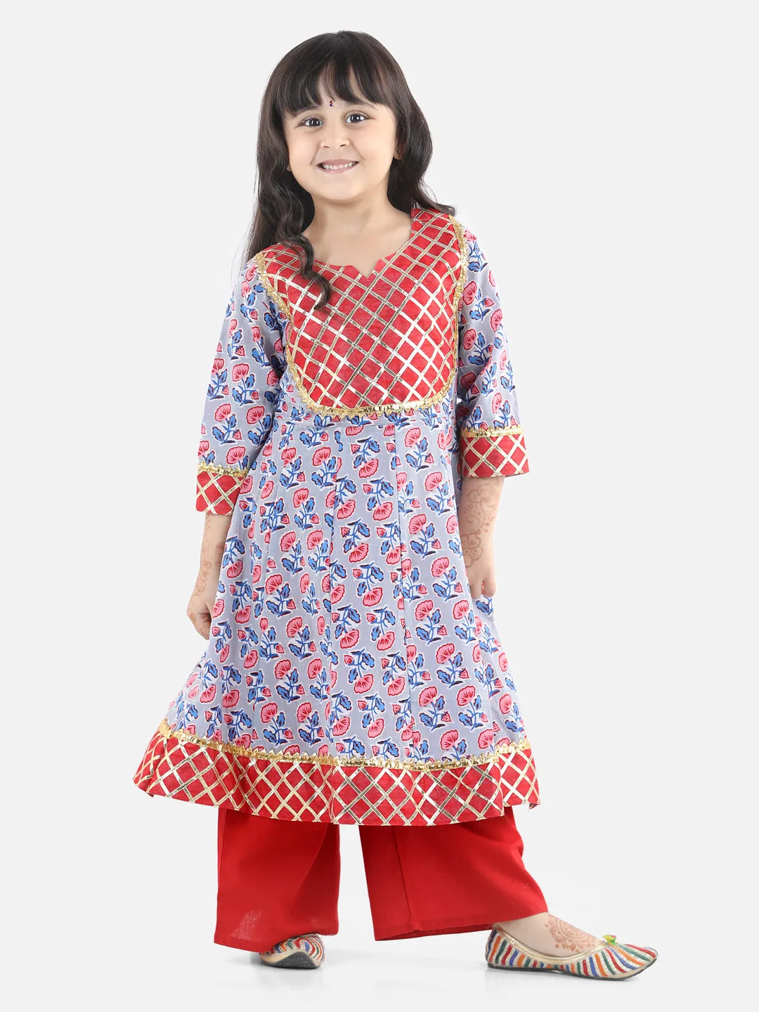 Girls  Block Print Cotton Anarkali Pant Set Suits - Gray