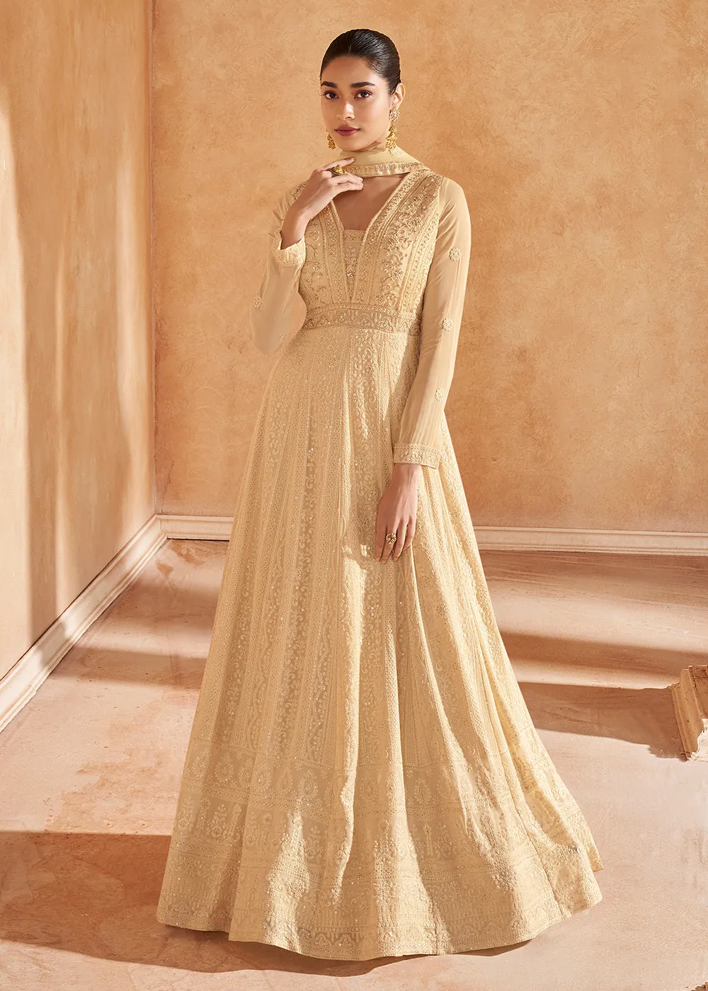 Gold Beige Chikankari Embroidered Wedding Anarkali Gown